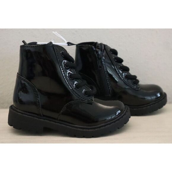 Old Navy 749932 Toddler Girl Sz 8 Black Shiny Faux-Leather Side-Zip Combat Boots - Picture 5 of 7